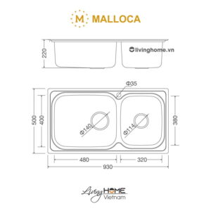 Alternative view of Chậu rửa chén Malloca MS 2025 inox 304 chống ồn chống ngưng tụ nước dưới đáy chậu