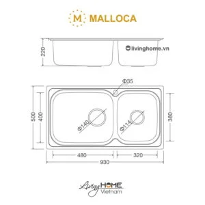Alternative view of Chậu rửa chén Malloca MS 2025 inox 304 chống ồn chống ngưng tụ nước dưới đáy chậu