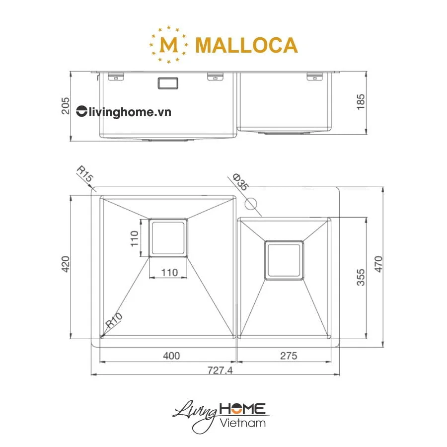 Chậu rửa chén Malloca MS 620T inox 304 cao cấp, bền chắc - Ảnh 5