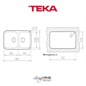 Chậu rửa Teka BE 2B 845 R lắp âm 2 hộc rửa 84cm 13 Chậu rửa Teka BE 2B 845 R lắp âm 2 hộc rửa 84cm
