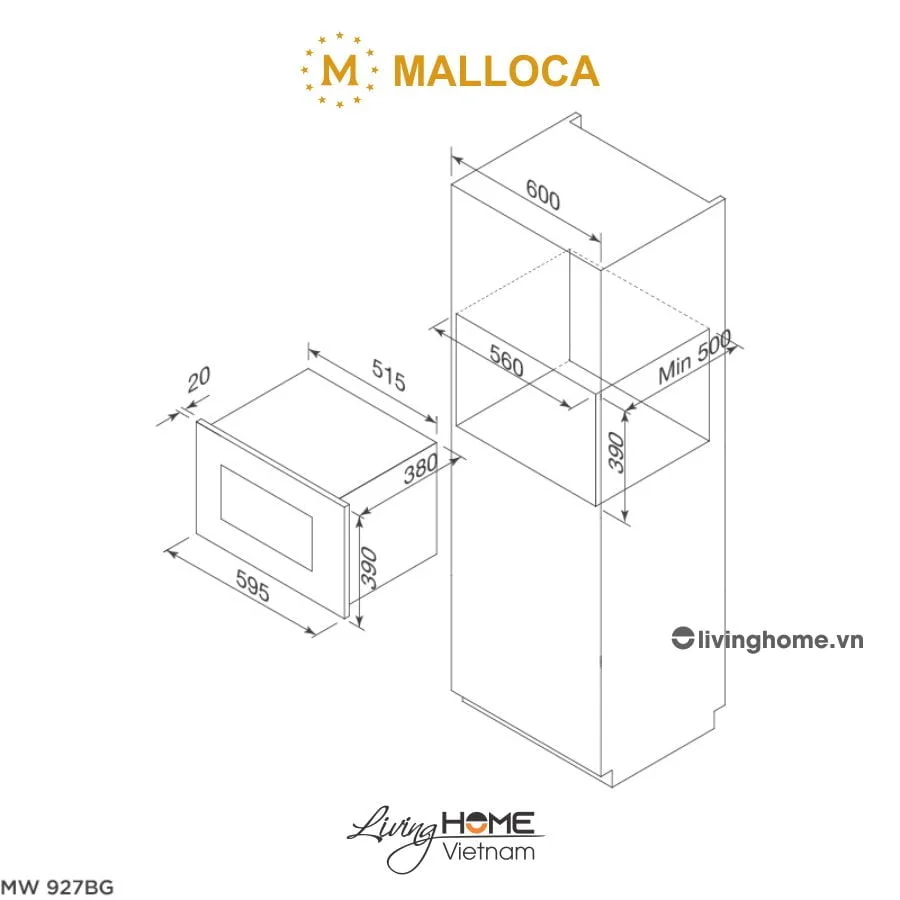 Lò vi sóng Malloca MW-927BG đen âm tủ dung tích 27L thiết kế nhỏ gọn - Ảnh 7