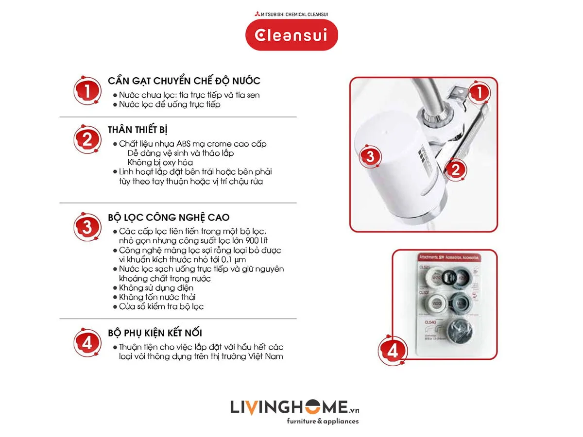 Máy lọc nước tại vòi Cleansui EF201 nhập khẩu Nhật 6 Máy lọc nước tại vòi Cleansui EF201 nhập khẩu Nhật - Ảnh 4