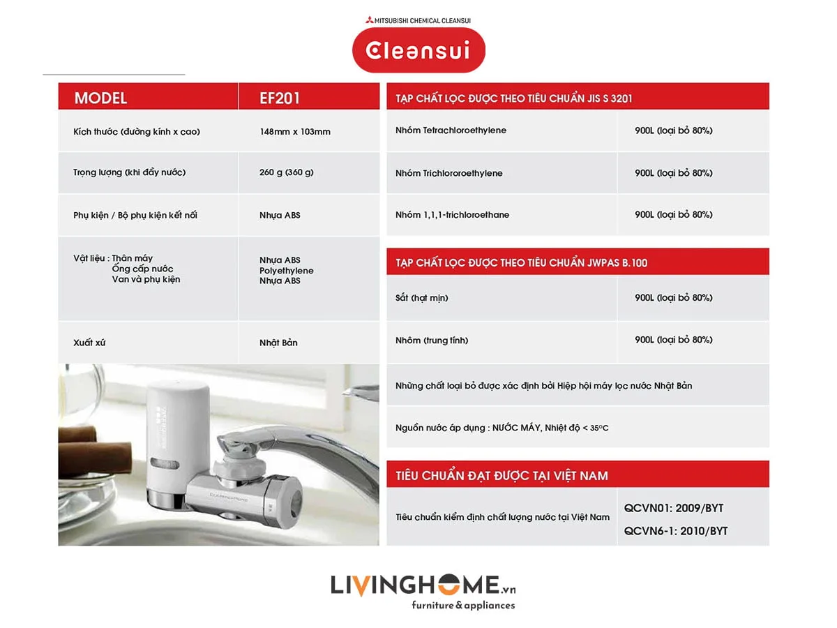 Máy lọc nước tại vòi Cleansui EF201 nhập khẩu Nhật 9 Máy lọc nước tại vòi Cleansui EF201 nhập khẩu Nhật - Ảnh 7