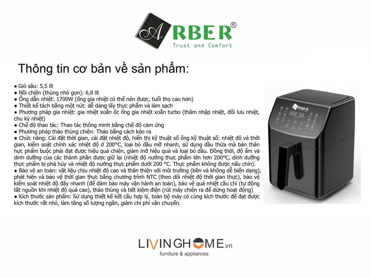 Nồi chiên không dầu Arber ABNCKD5.5 dung tích 5,5L nhỏ gọn - Ảnh 5