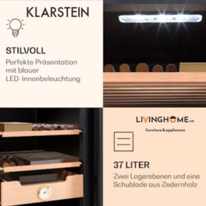 Tủ cigar Klarstein KL-EL PRESIDENT 37L được làm bằng gỗ tuyết màu đen sang trọng 17 Tủ cigar Klarstein KL-EL PRESIDENT 37L được làm bằng gỗ tuyết màu đen sang trọng