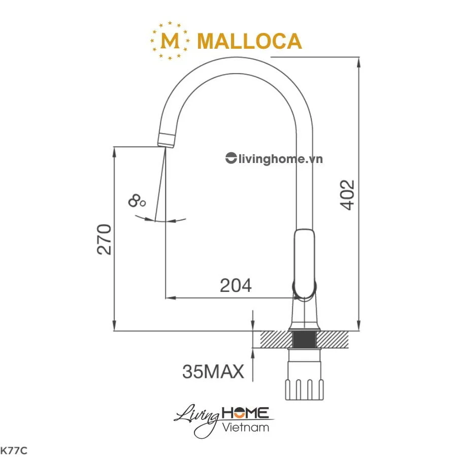 Vòi rửa chén Malloca K77C đồng thau mạ Chrome - Ảnh 3