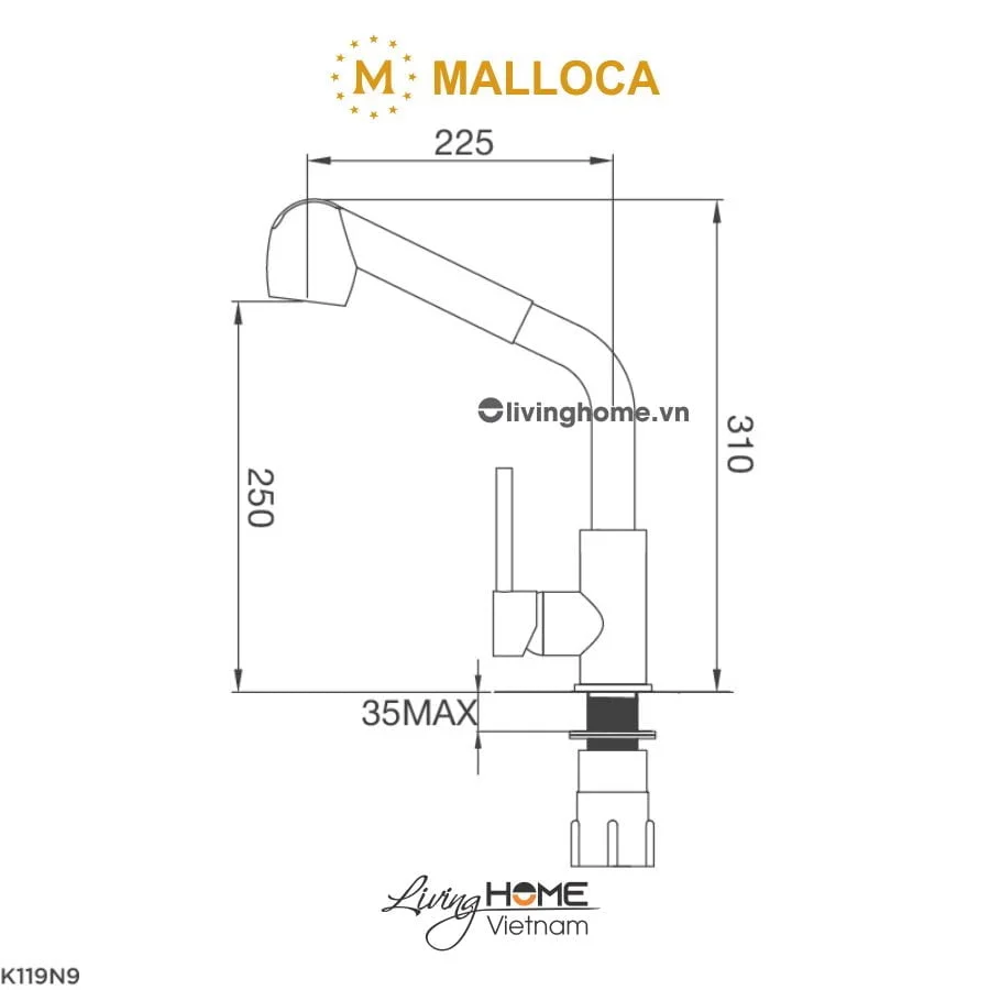 Vòi rửa chén Malloca K119N9 đồng thau mạ Chrome - Ảnh 3