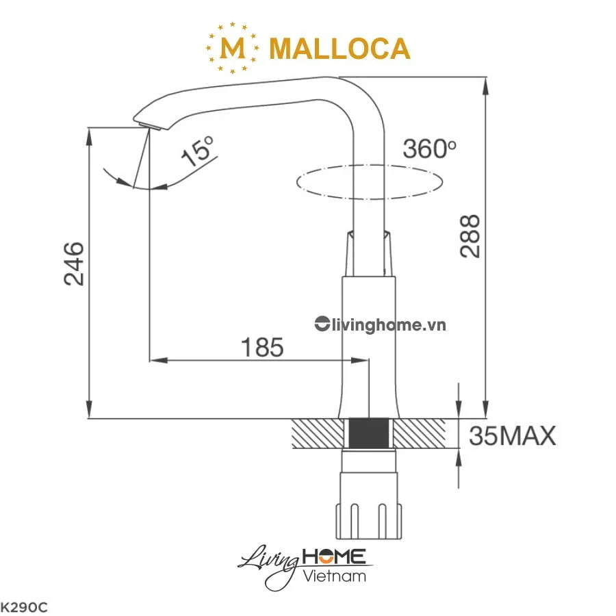 Vòi rửa chén Malloca K290C đồng thau mạ Chrome - Ảnh 2