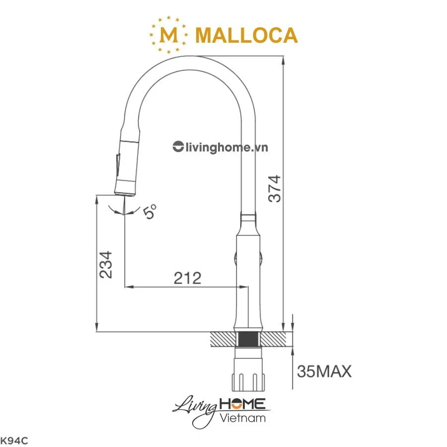 Vòi rửa chén Malloca K94C đồng thau mạ Chrome - Ảnh 3