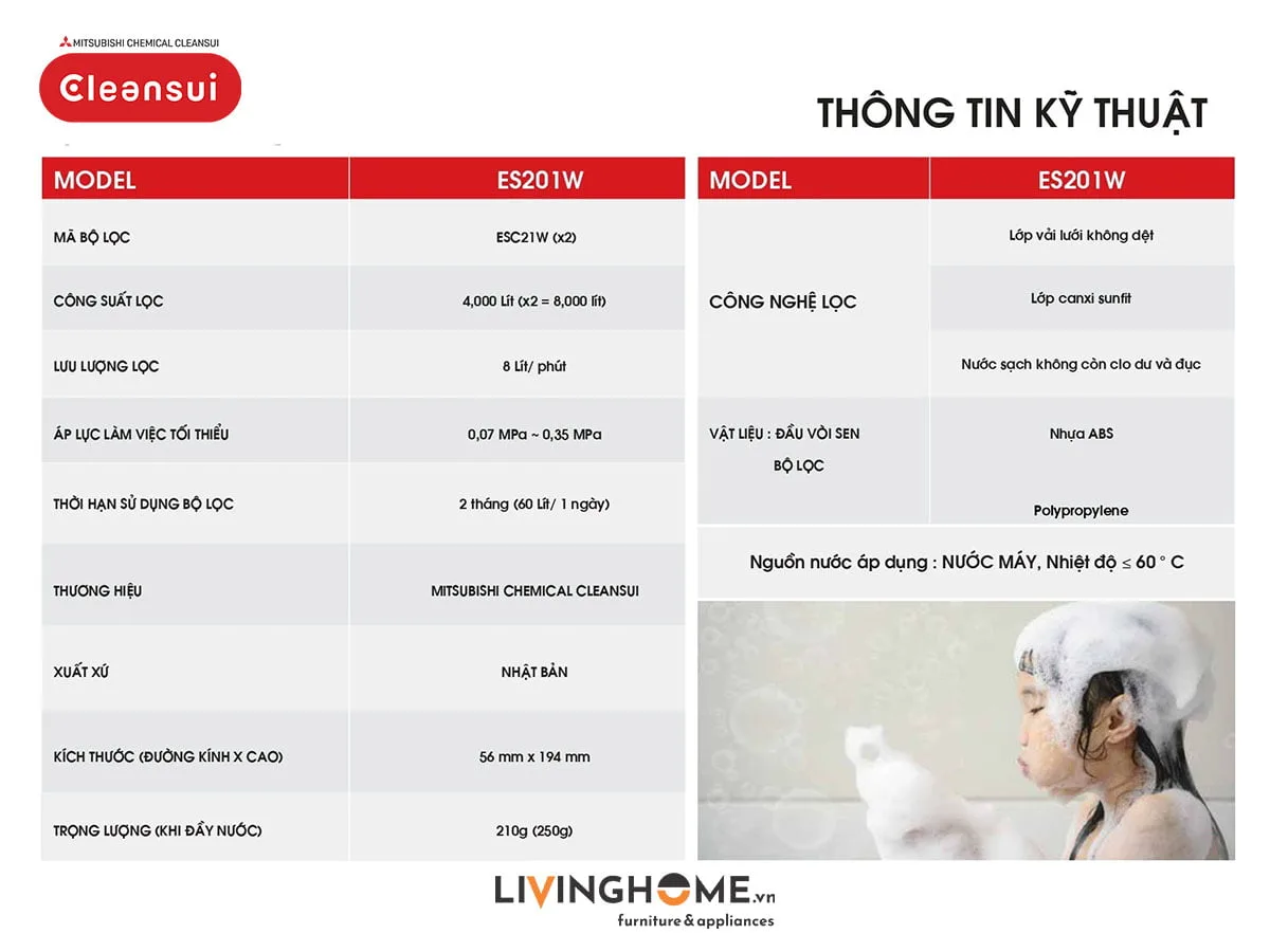 Vòi sen tắm Cleansui ES201W khử clo nhập khẩu Nhật - Ảnh 3