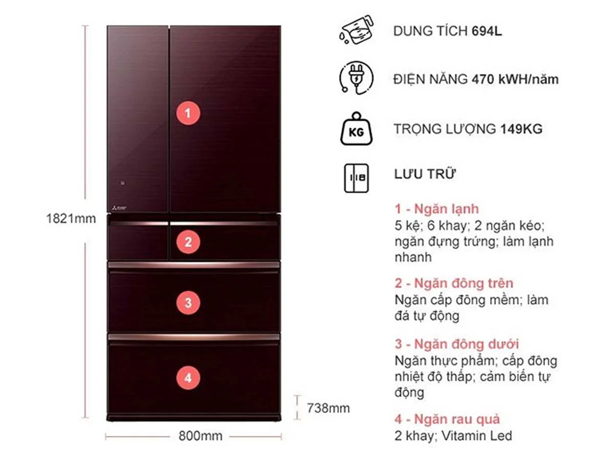 Tủ lạnh Mitsubishi Electric Inverter MR-WX70C-BR-V 14 Tủ lạnh Mitsubishi Electric Inverter MR-WX70C-BR-V