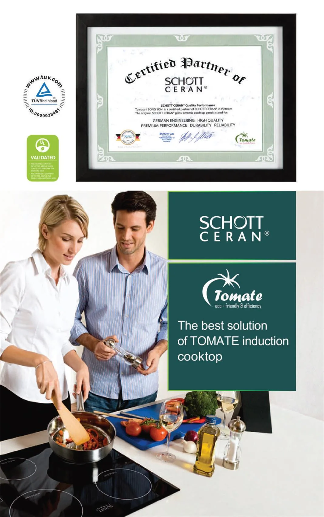 Bếp Từ Tomate GH 8G-02I DFC, 2 Từ, 72CM, Mặt Kính EuroKera 20 Catalog Tomate 2023 - Chứng Nhận Schott Ceran với các dòng bếp điện từ Tomate