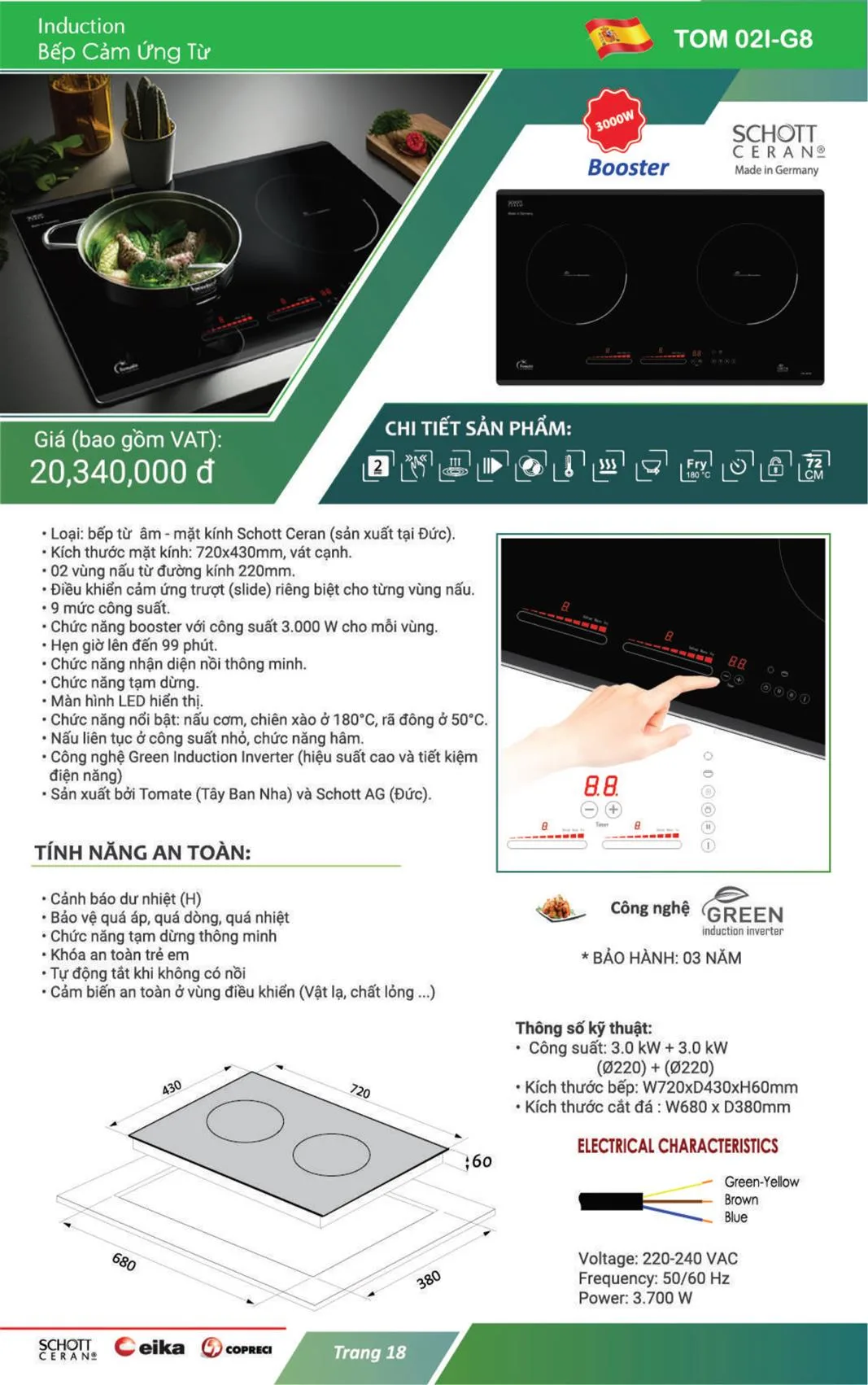 Bếp Từ Tomate TOM 02I-G8, 2 Từ, 72CM, Mặt Kính Schott Ceran