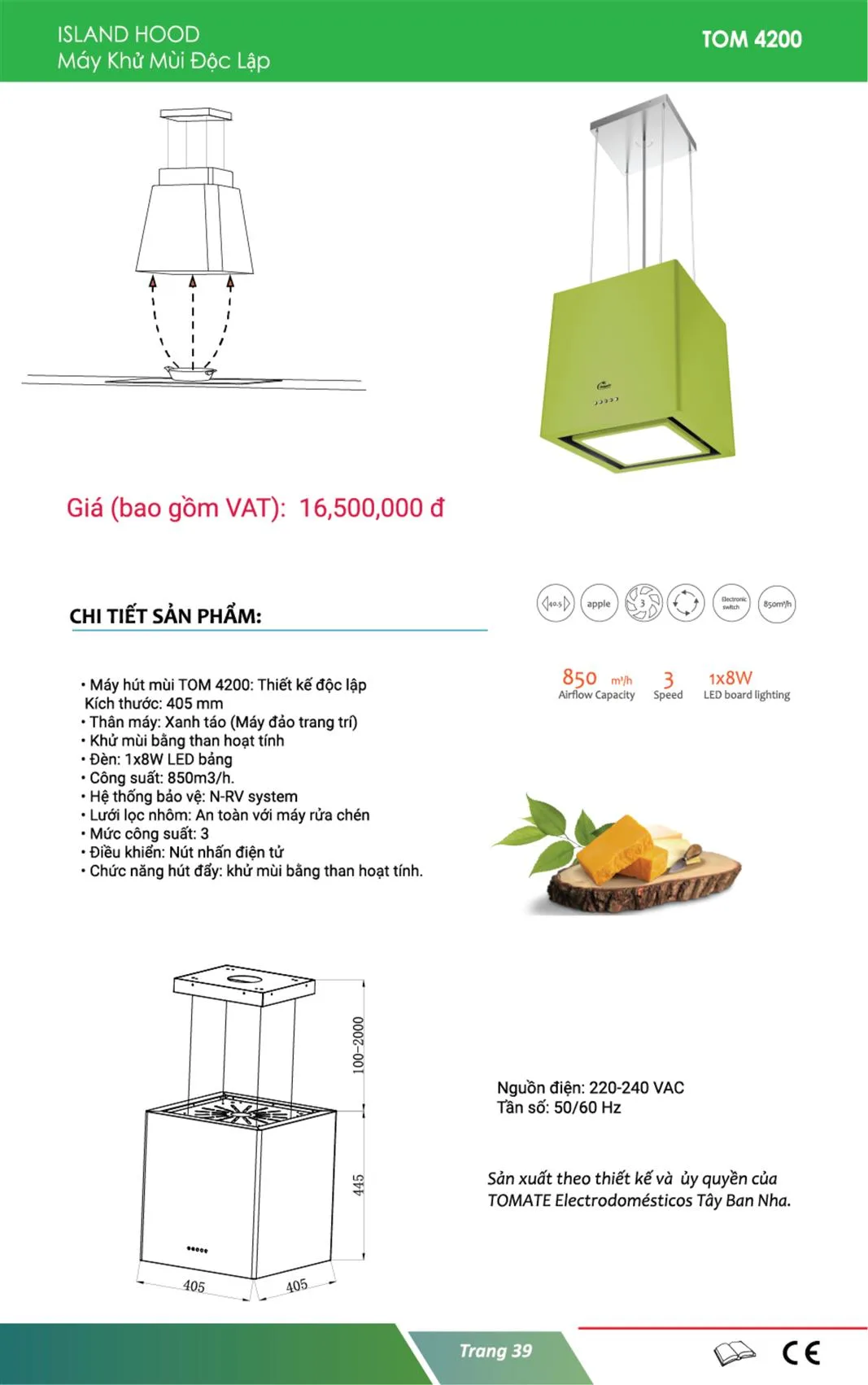 Máy Hút Mùi Tomate TOM 4200, 41CM, Lồng Đèn, 850m3/h