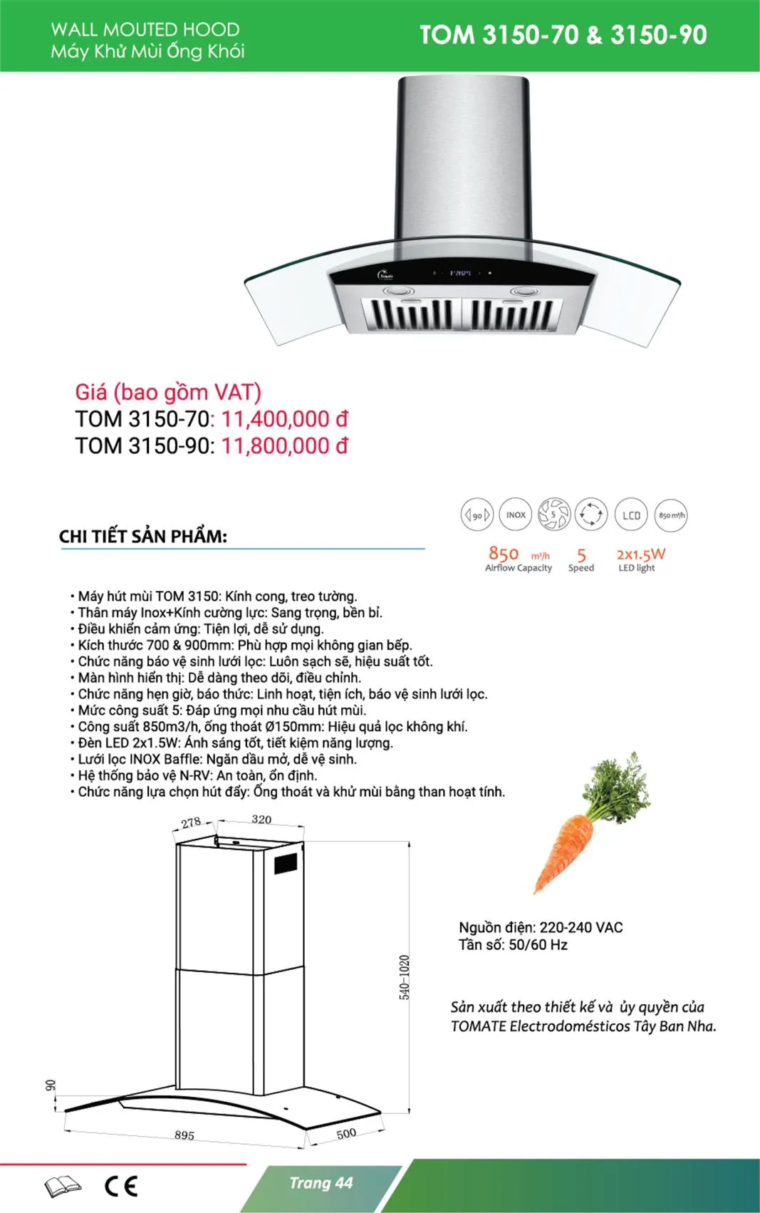 Máy Hút Mùi Tomate TOM 3150, 70cm, Gắn Tường, 850m3/h 7 Máy Hút Mùi Tomate TOM 3150, 70cm, Gắn Tường, 850m3/h