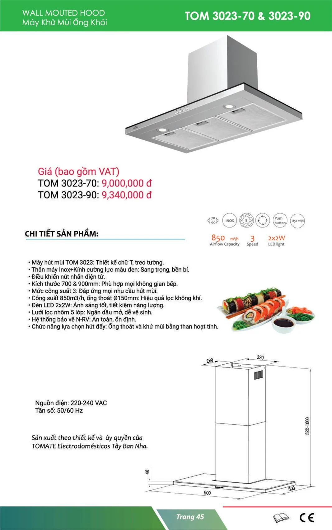 Máy Hút Mùi Tomate TOM 3023, 90cm, Gắn Tường, 850m3/h 5 Máy Hút Mùi Tomate TOM 3023, 70cm, Gắn Tường, 850m3/h