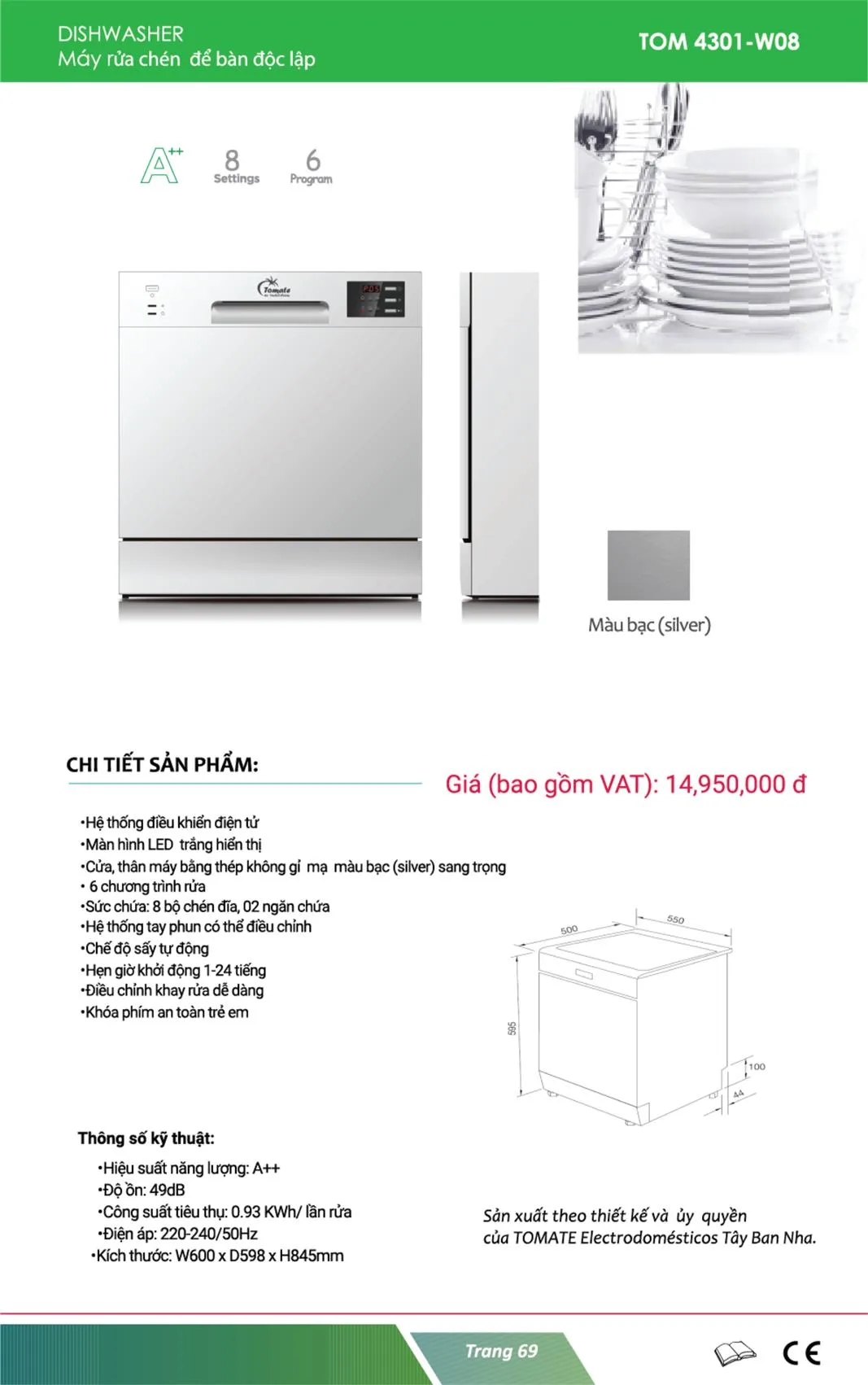 Máy Rửa Chén Tomate TOM 4301-W08, 8 Bộ, Mini Độc Lập 6 Máy Rửa Chén Tomate TOM 4301-W08, 8 Bộ, 6 Chương Trình