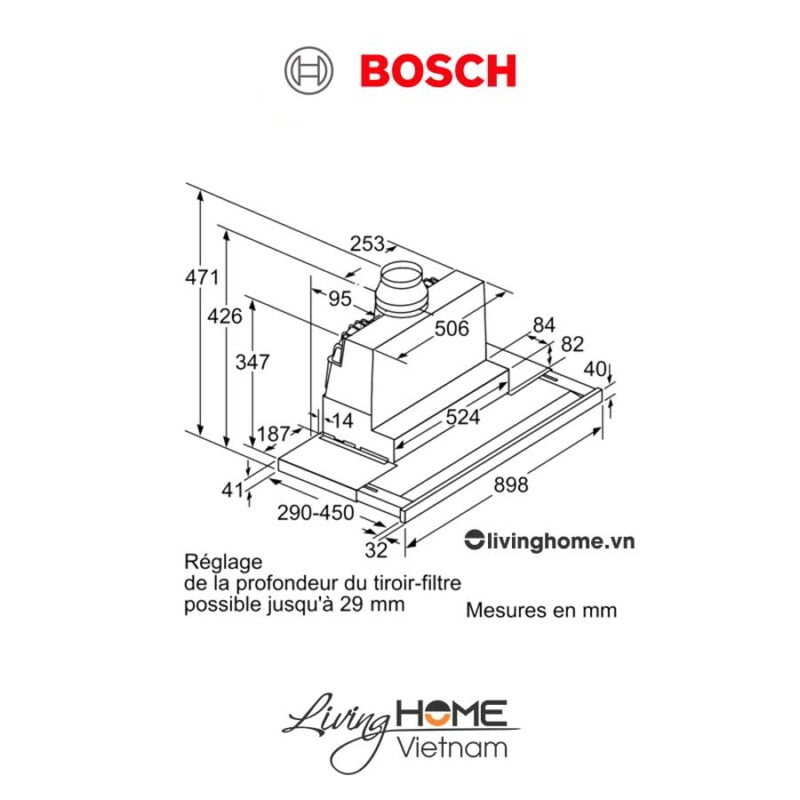 Máy hút mùi Bosch DFS097K51 - Âm tủ 60dB 90cm