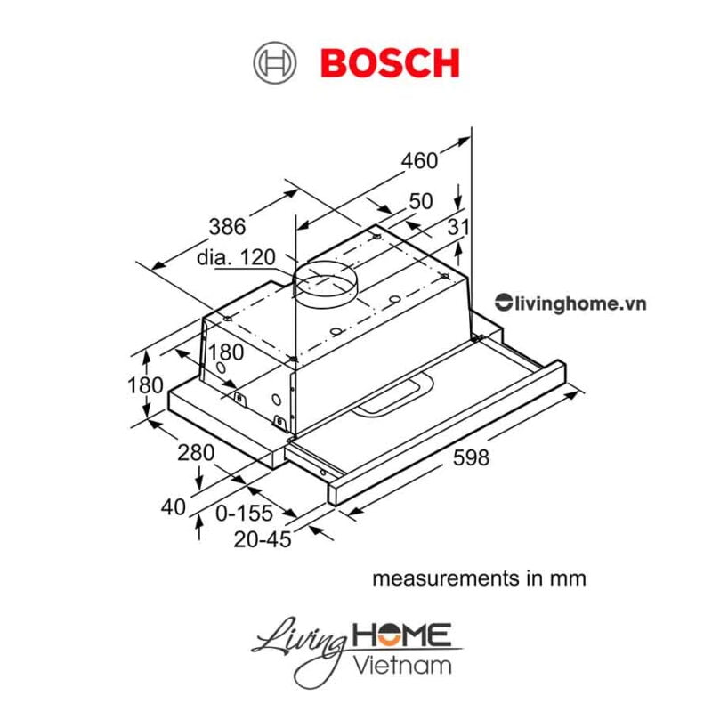 Máy hút mùi Bosch DHI623GSG - Âm tủ 70dB 60cm
