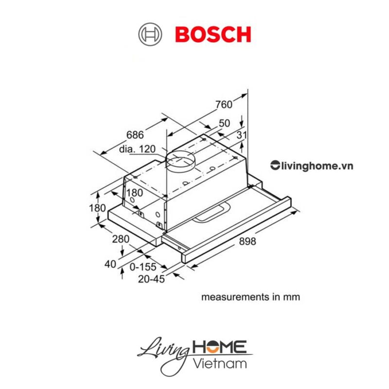 Máy hút mùi Bosch DHI923GSG - Âm tủ 70dB 90cm
