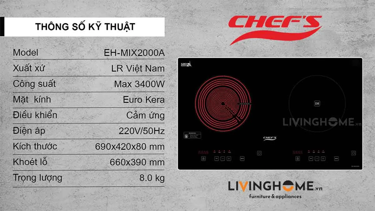 Bếp Điện Từ Chefs EH-MIX2000A 69CM 1 Điện 1 Từ Kính EuroKera 27 Bếp điện từ Chefs EH-MIX2000A tiết kiệm tiện lợi