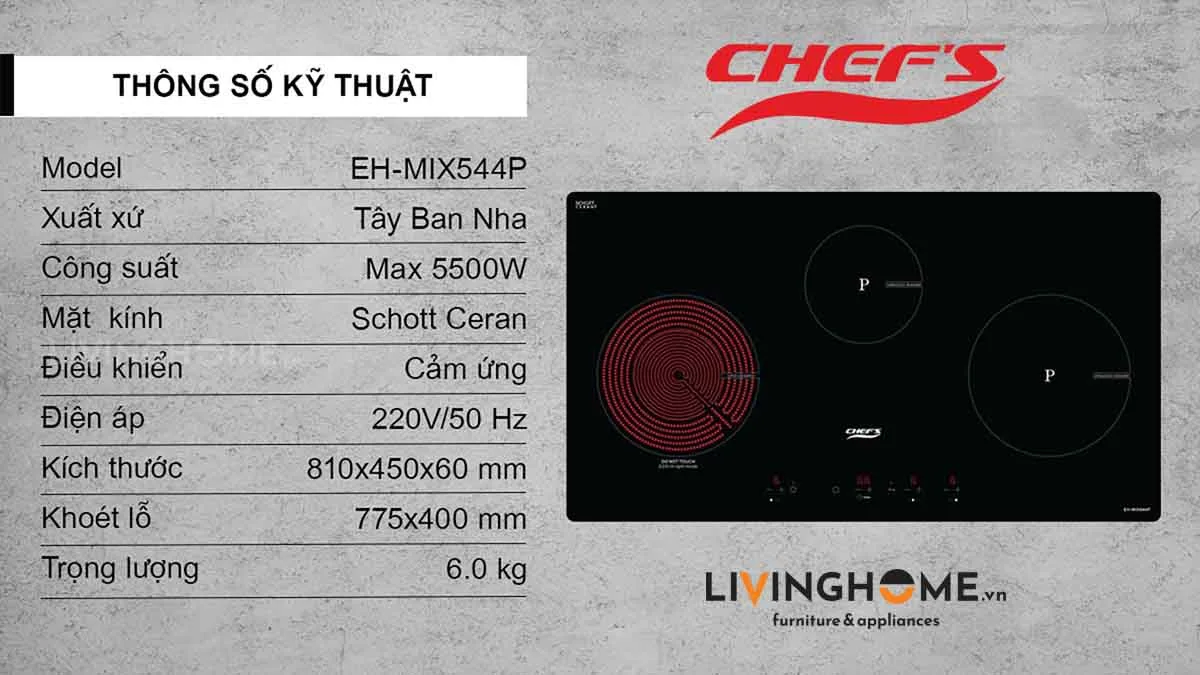 Bếp điện từ Chefs EH-MIX544P 81CM 2 Từ 1 Điện Kính Schott Ceran 21 Bếp điện từ Chefs EH MIX544P 3 vùng nấu tiện lợi hoàn mỹ