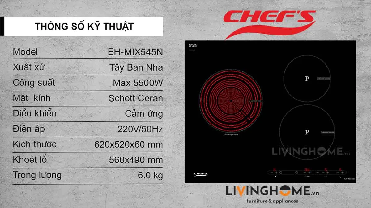 Bếp Điện Từ Chefs EH-MIX545N 62CM 2 Từ 1 Điện Kính Schott Ceran 18 Bếp điện từ Chefs EH MIX545N 3 vùng nấu nhập khẩu Tây Ban Nha