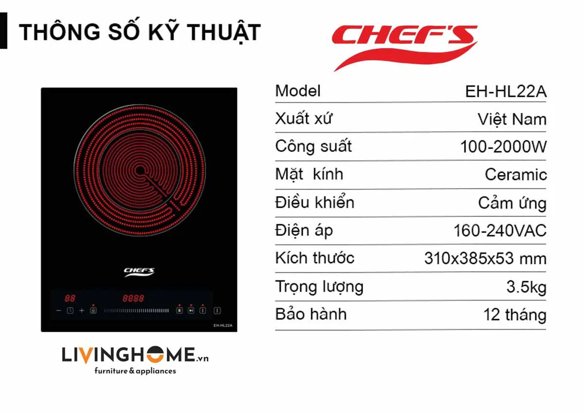 Bếp Điện Đơn Chefs EH-IH22A 31CM 1 Điện Kính Ceramic 17 Bếp Điện Đơn Chefs EH-IH22A