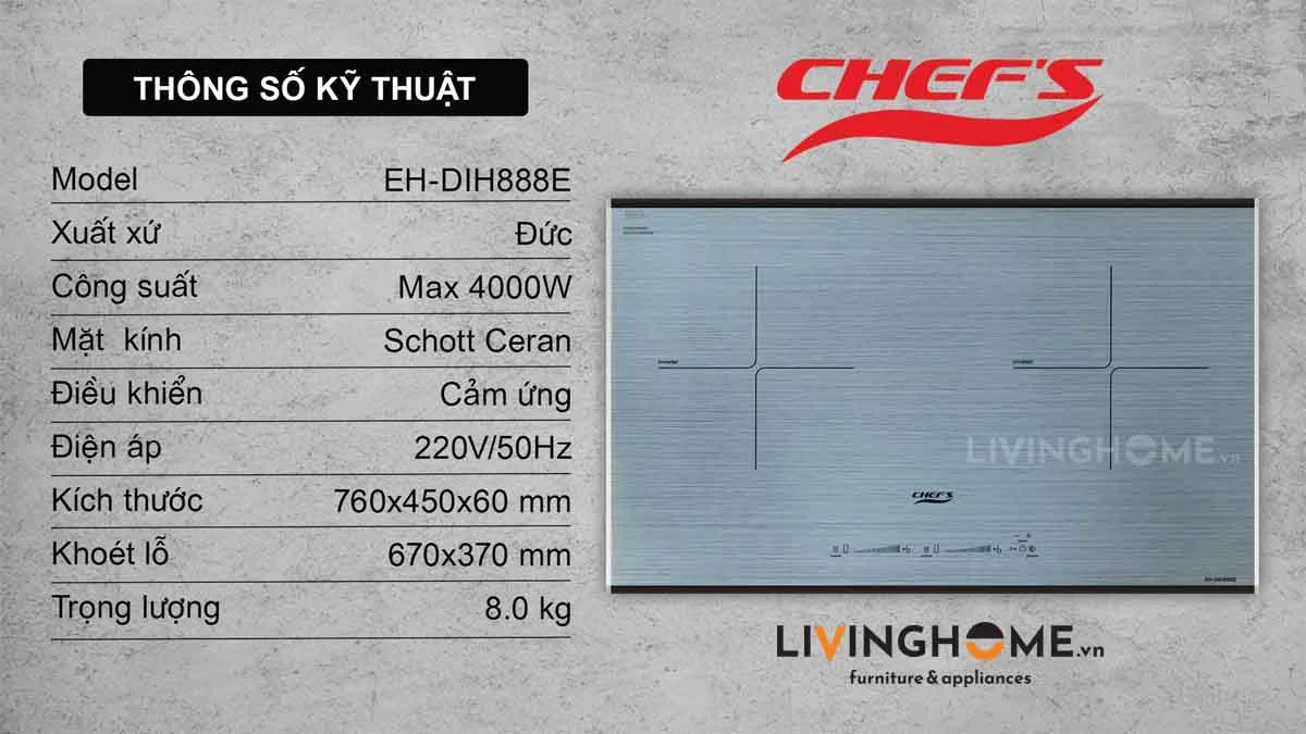 Bếp từ Chefs EH-DIH888E thiết kế xám tinh tế hiện đại 18 Bếp từ Chefs EH-DIH888E thiết kế xám tinh tế hiện đại