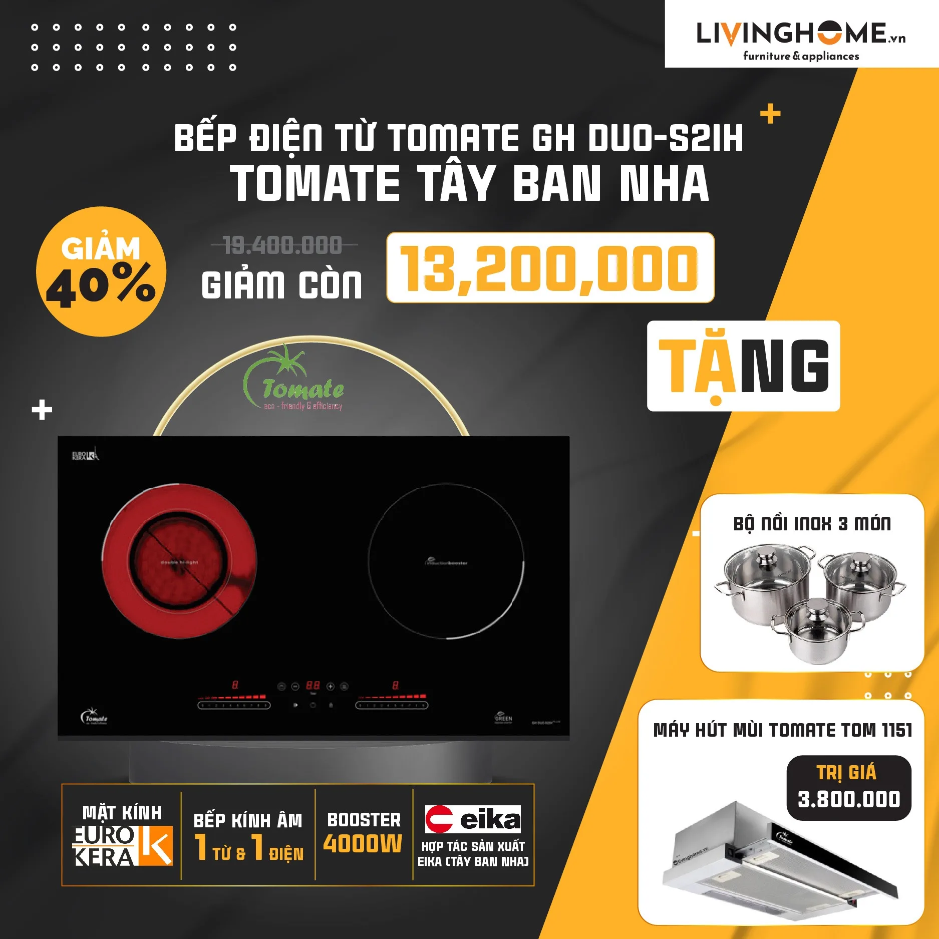 Combo Bếp Điện Từ Tomate GH DUO-S2IH Plus Và Máy Hút Mùi Tomate TOM 1151 3 Combo Bếp Điện Từ Tomate GH DUO-S2IH Plus Và Máy Hút Mùi Tomate TOM 1151