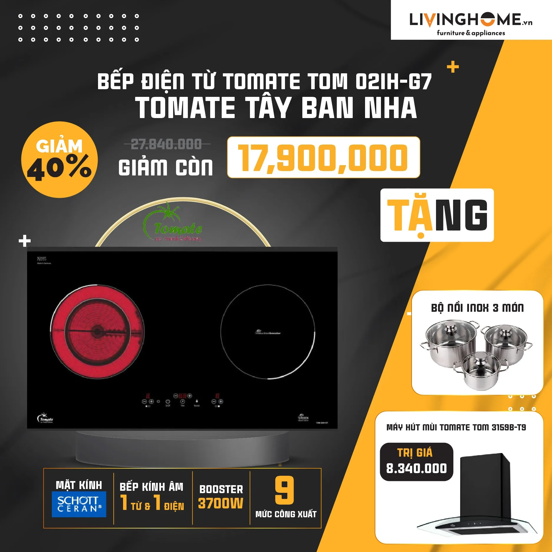 Combo Bếp Điện Từ Tomate TOM 02IH-G7 Và Máy Hút Mùi Tomate Tom 3159B-T9 2 Combo Bếp Điện Từ Tomate TOM 02IH-G7 Và Máy Hút Mùi Tomate Tom 3159B-T9