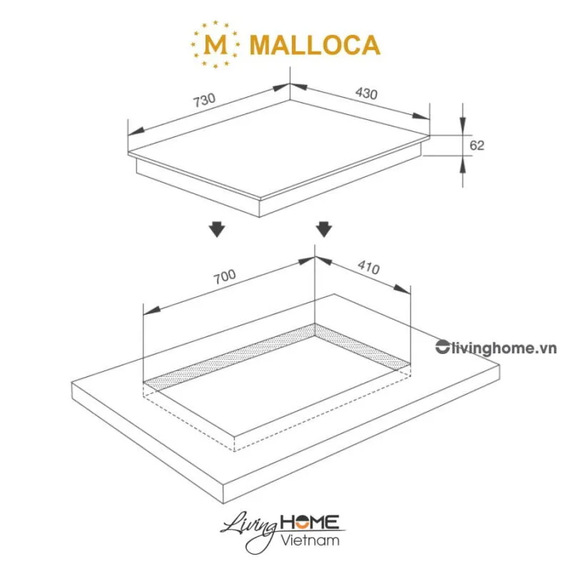 Bếp điện Malloca MH-732 ER kính âm 2 mặt kính Vitroceramic 7 Kích thước bếp điện Malloca MH-732 ER
