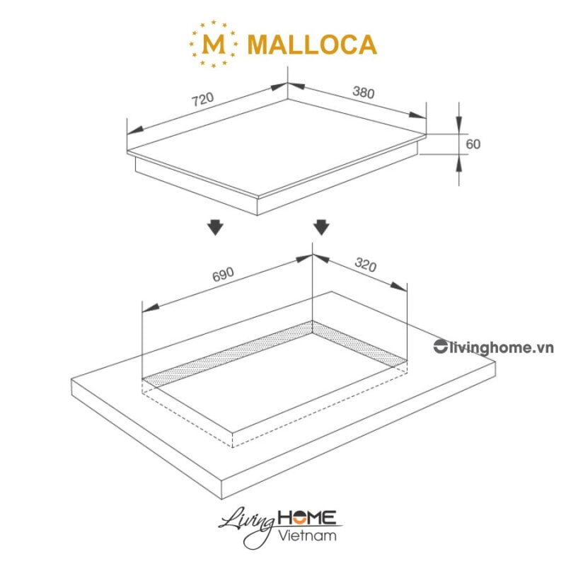 Kích thước bếp điện từ Malloca MH-02IR