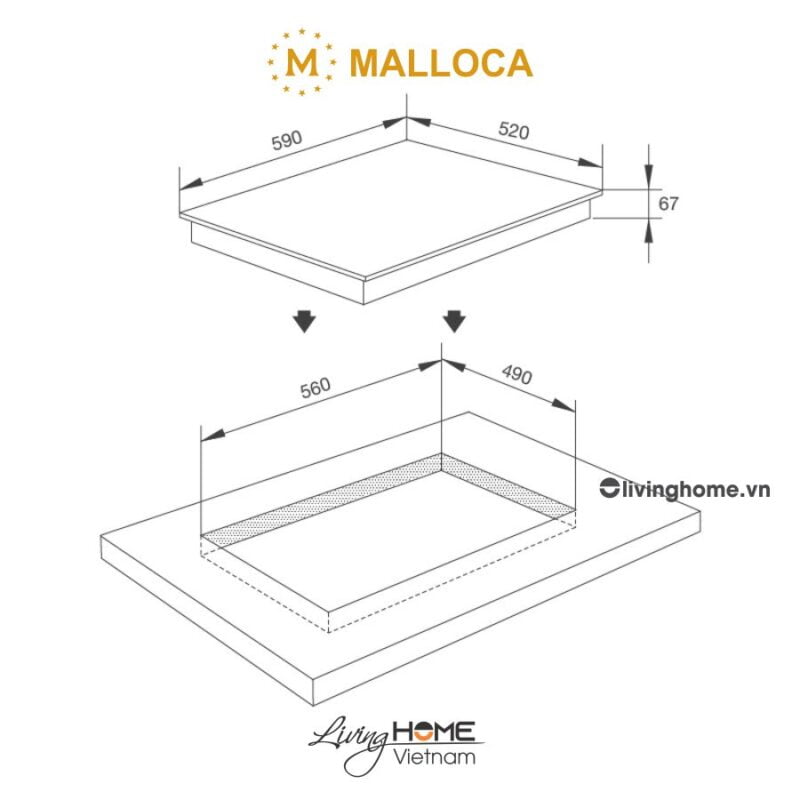 Kích thước bếp điện từ Malloca MIR 593 