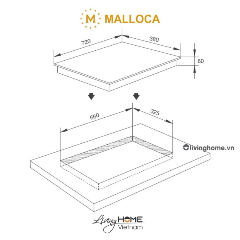 Kích thước bếp từ Malloca MH-02I D âm 2 từ mặt kính Eurokera màu đen chấm bi