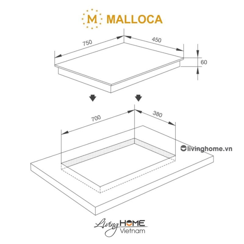 Kích thước bếp từ Malloca MH-02I N âm 2 từ mặt kính Eurokera