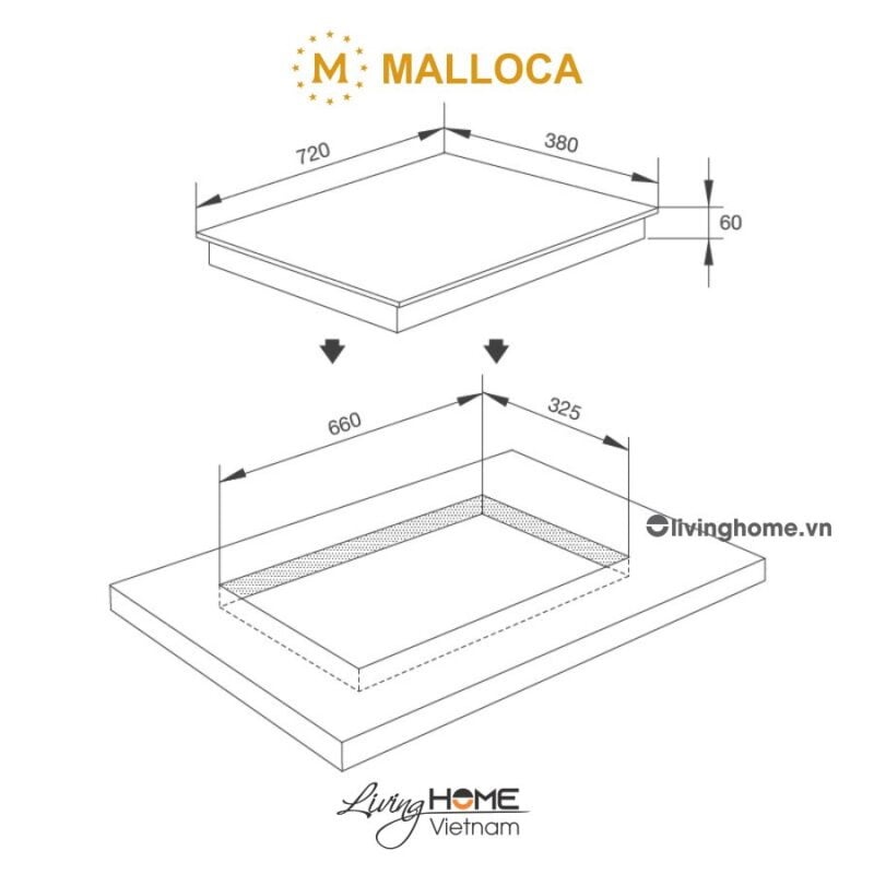 Kích thước bếp từ Malloca MH-02IS âm 2 từ ver 2020