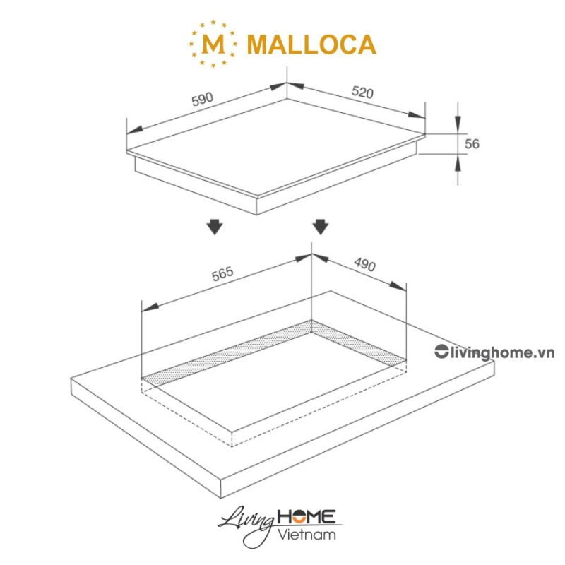 Kích thước bếp từ Malloca MH-5903 I âm 3 từ