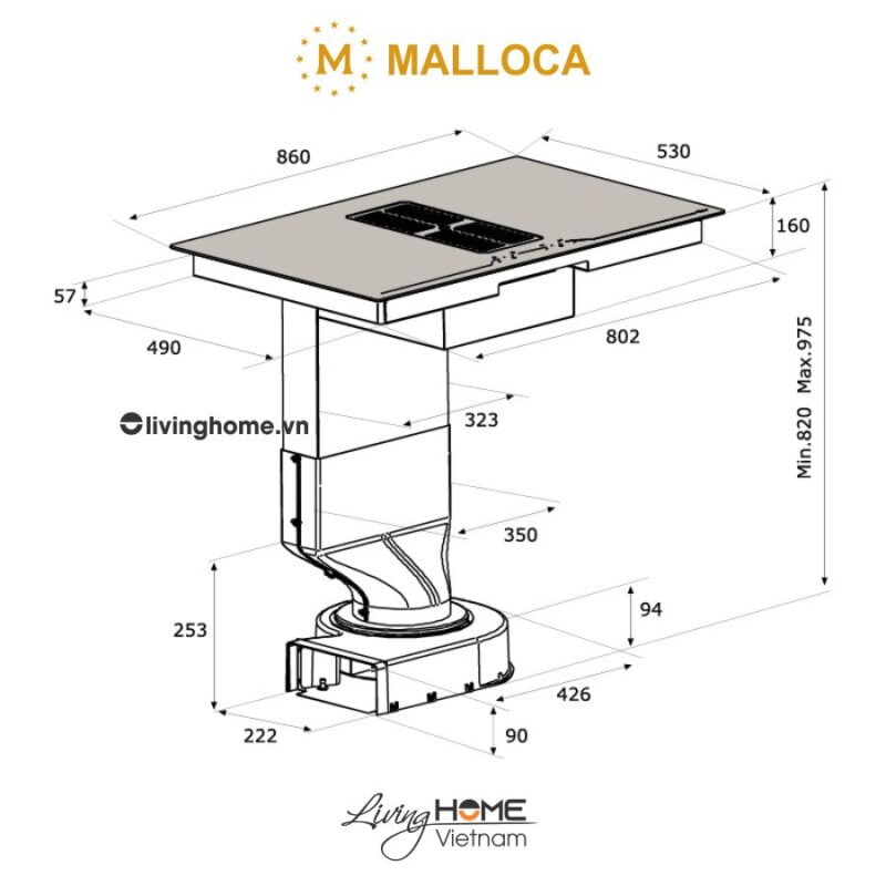 Kích thước bếp từ Malloca HIH-864 LI kết hợp máy hút khói khử mùi