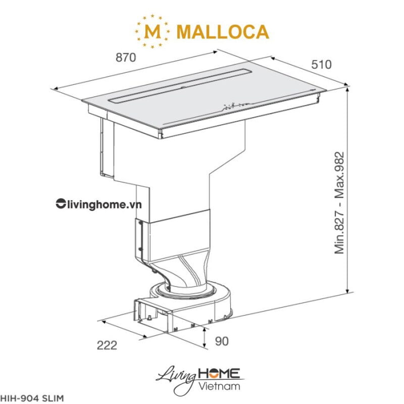 Kích thước bếp từ Malloca HIH-904 SLIM kết hợp máy hút khói khử mùi