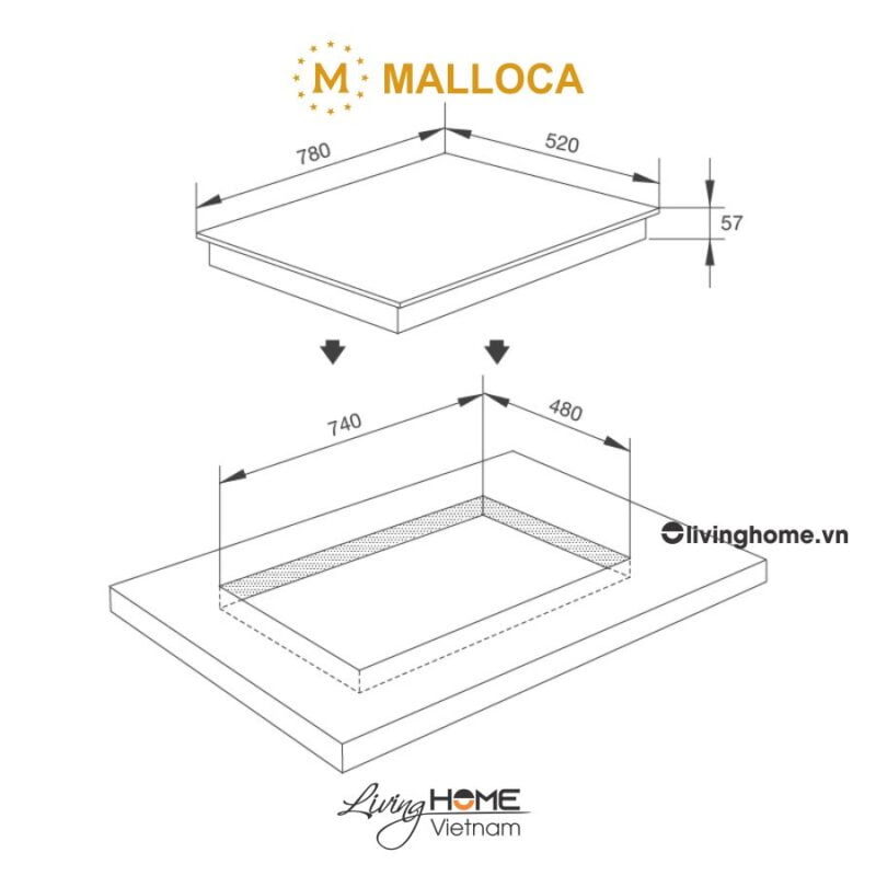 Kích thước bếp từ Malloca MI-784 ITG
