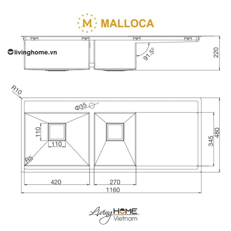 Kích thước chậu rửa chén Malloca MS MS 6306T 