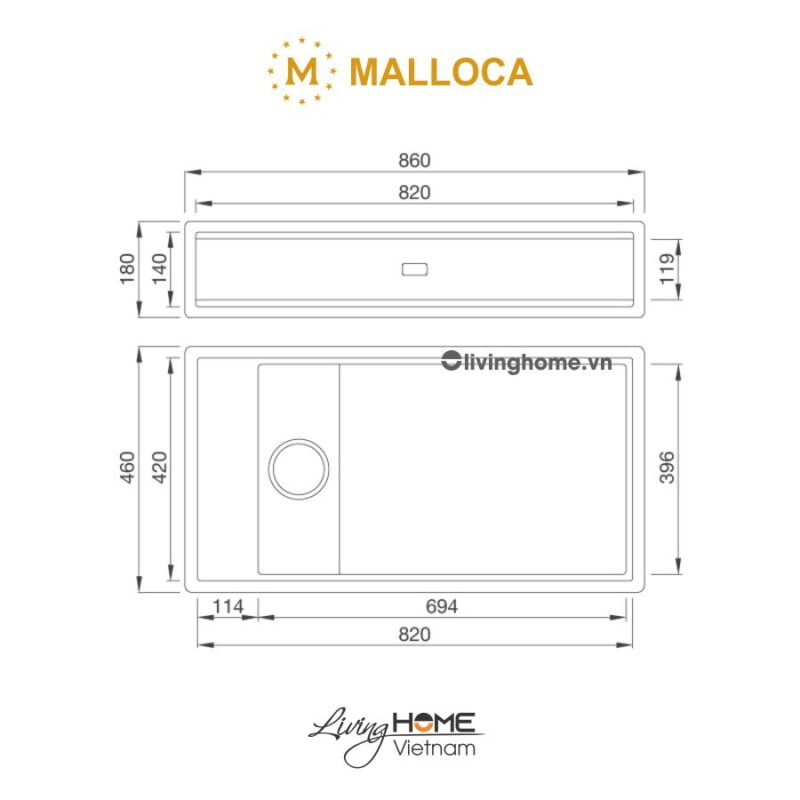 Kích thước chậu rửa chén Malloca MYST K86S 