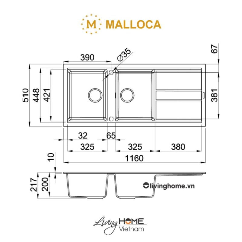 Kích thước chậu rửa chén Malloca NERO K-50040