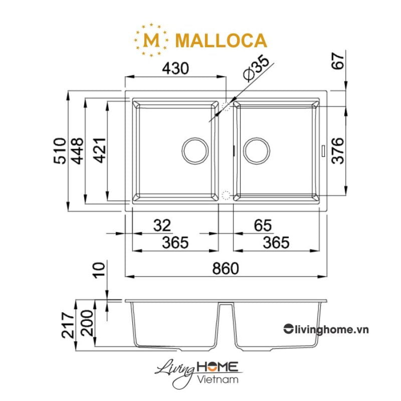 Kích thước chậu rửa chén Malloca NERO G-45040 