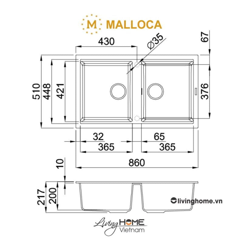 Kích thước chậu rửa chén Malloca TORTORA K-45043