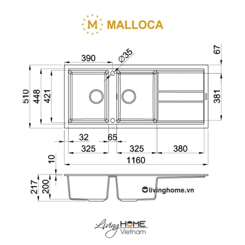 Kích thước chậu rửa chén Malloca TORTORA K-50043 