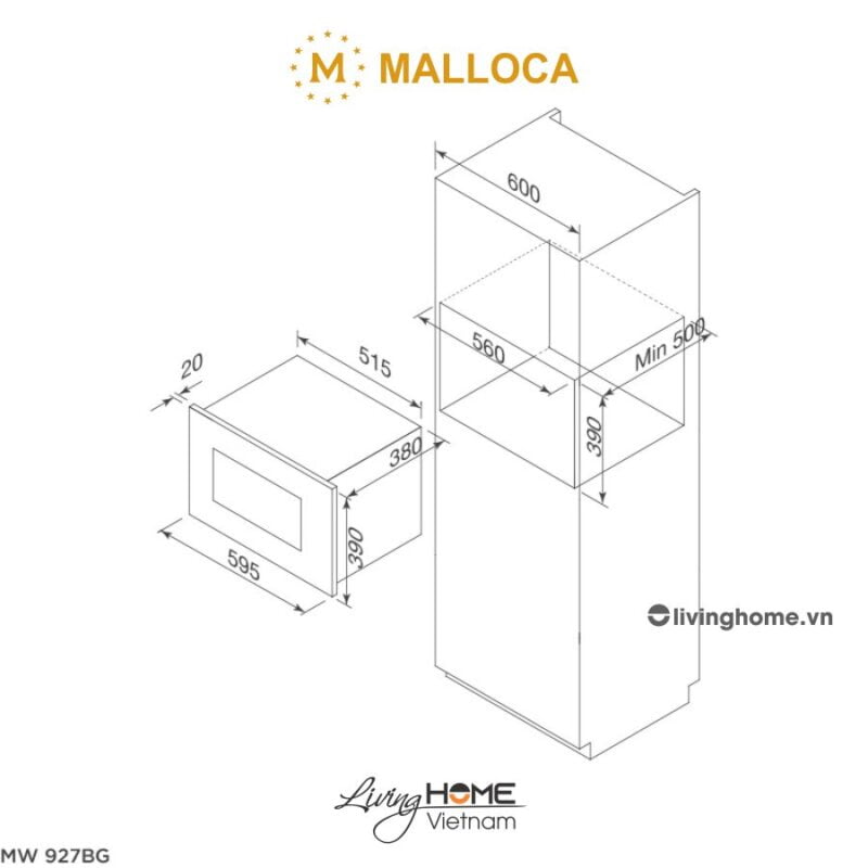 Lò vi sóng Malloca MW-927BG đen âm tủ dung tích 27L thiết kế nhỏ gọn