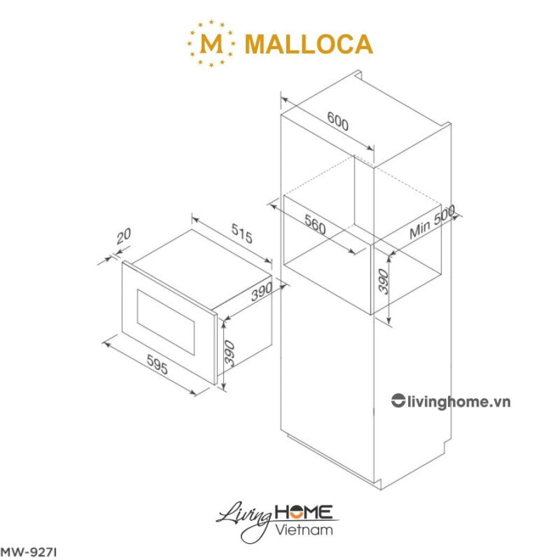 kích thước lò vi sóng Malloca MW-927I 