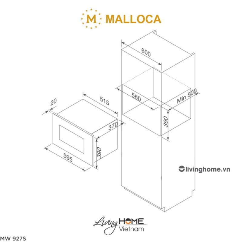 Kích thước lò vi sóng Malloca MW 927S 